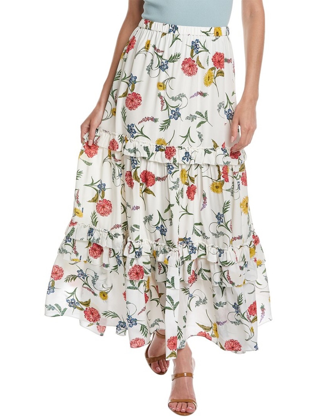 NWT Elie Tahari White Floral Tiered Silk Skirt - size L
